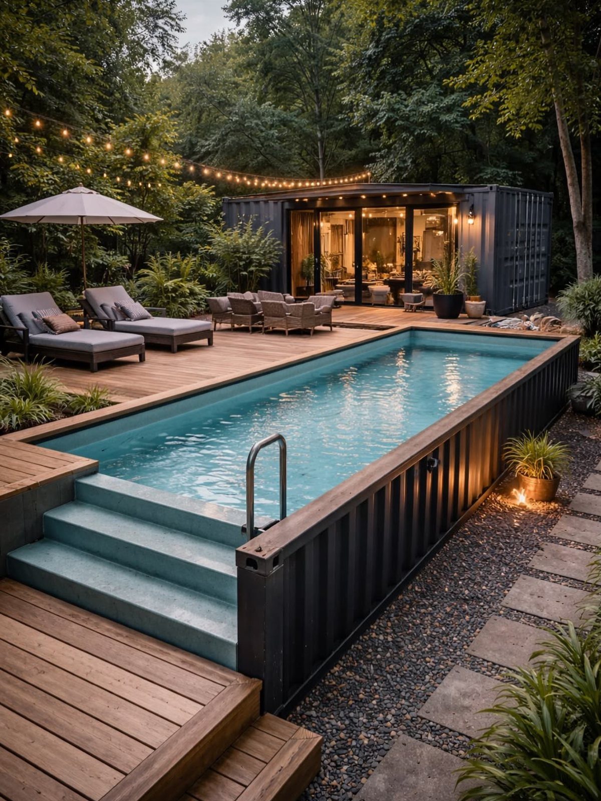 A rectangular swimming pool integrated into a black shipping container with a wooden deck and surrounding trees.