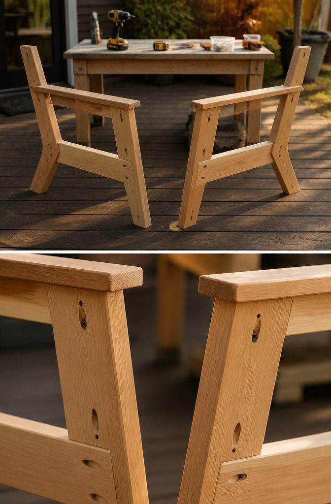 Two leg assemblies being constructed for the outdoor chair.