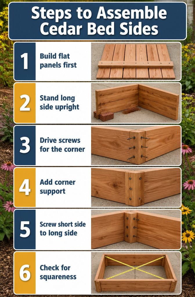 Flat panel of cedar pickets with 2x2 or 2x4 support beams for assembly.