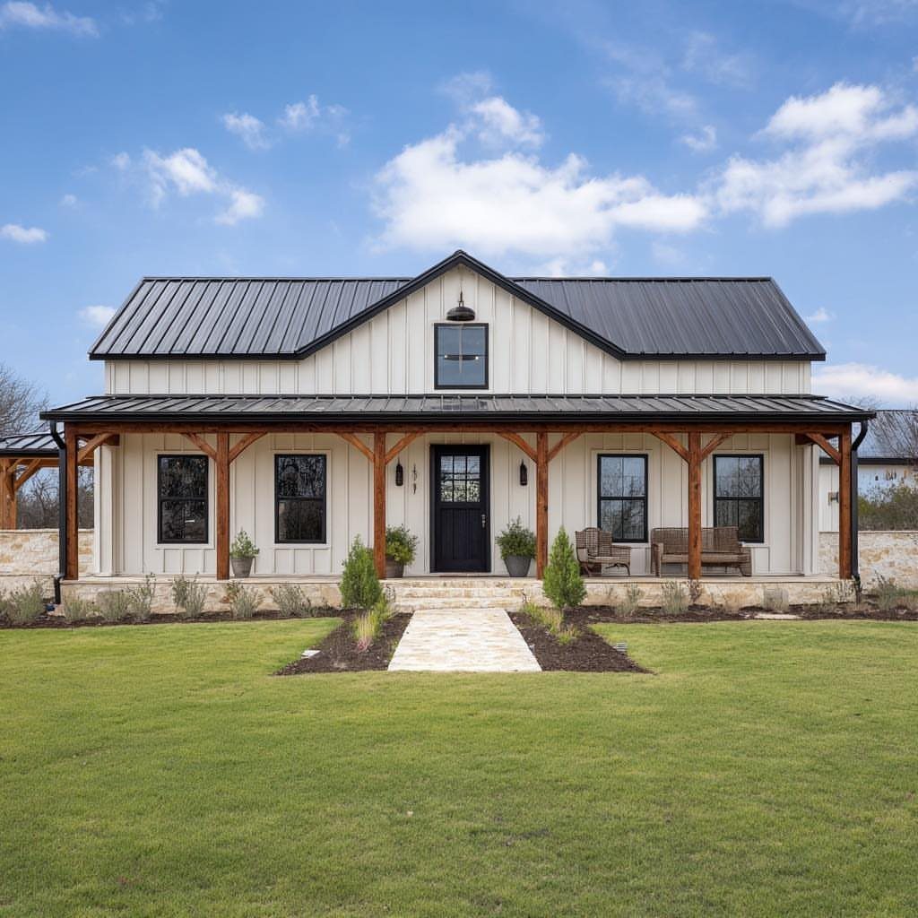 A white barndominium with a black metal roof and a wooden porch overlooking a green lawn.