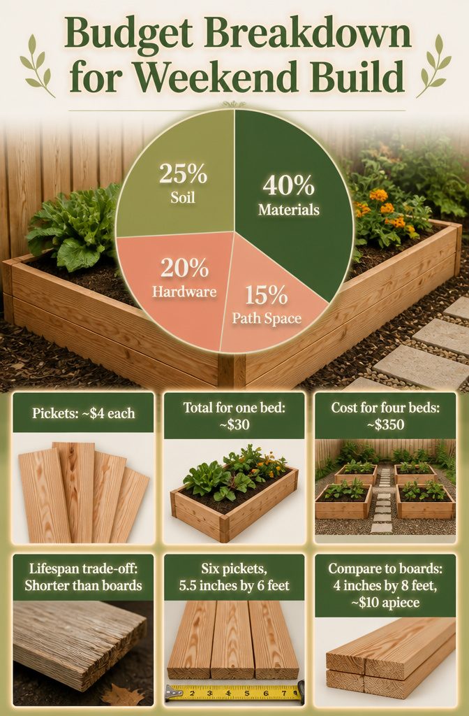Cost comparison of cedar fence pickets versus cedar boards for garden beds.
