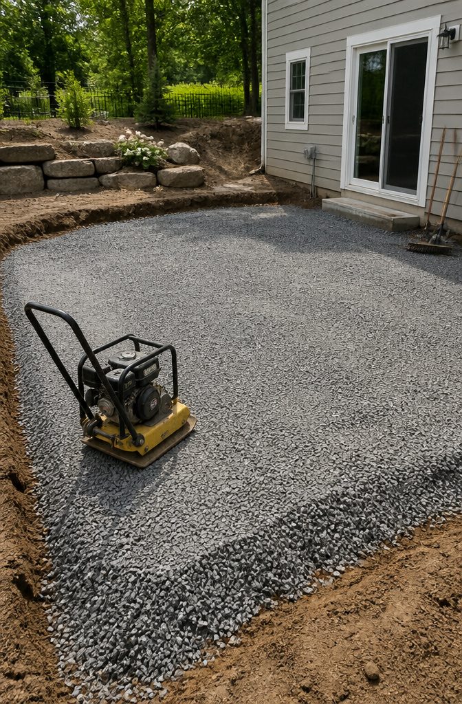 Layer of compacted crushed stone extending beyond patio edges.