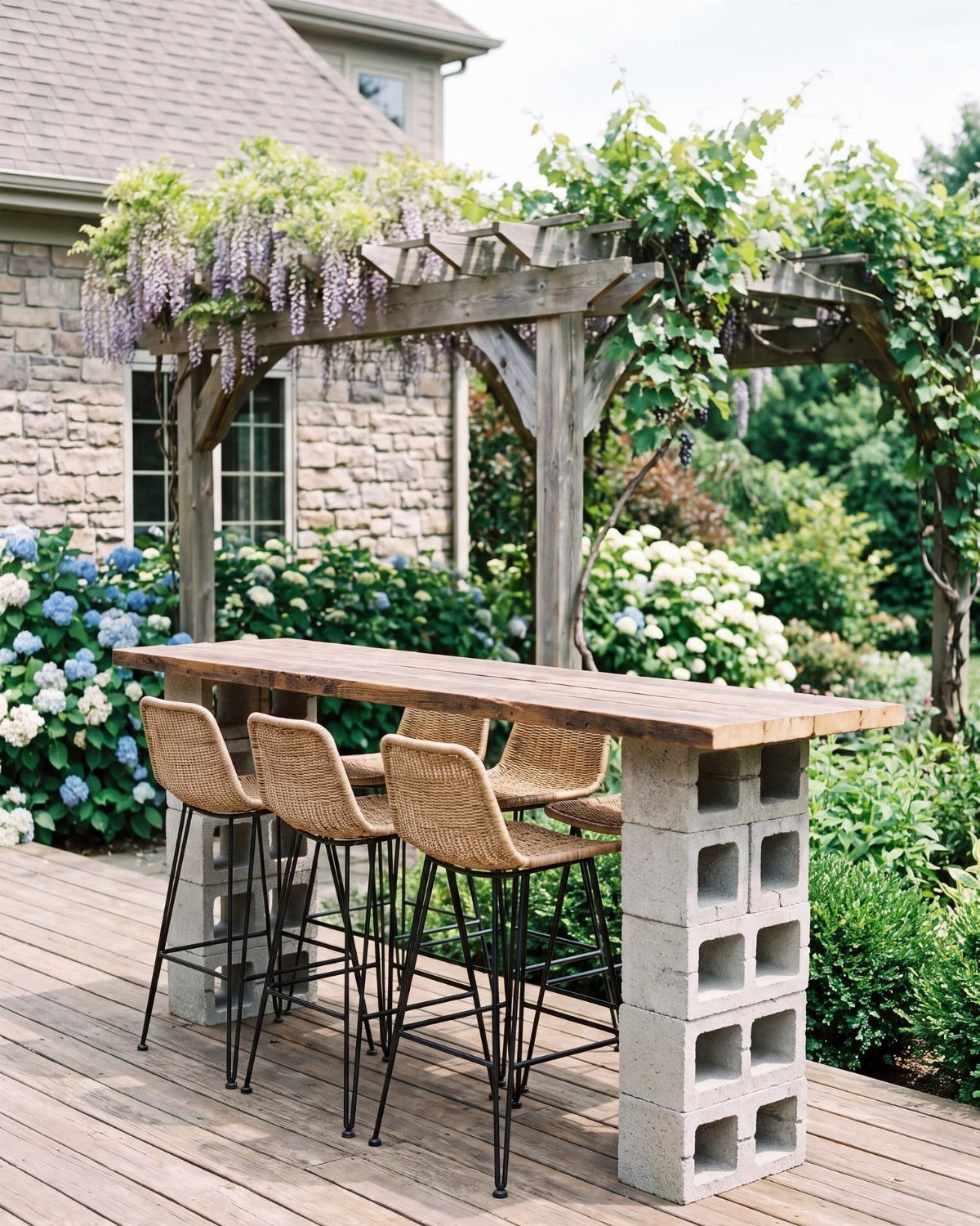 A wooden tabletop supported by grey cinder block pillars on a wooden deck with woven bar stools.