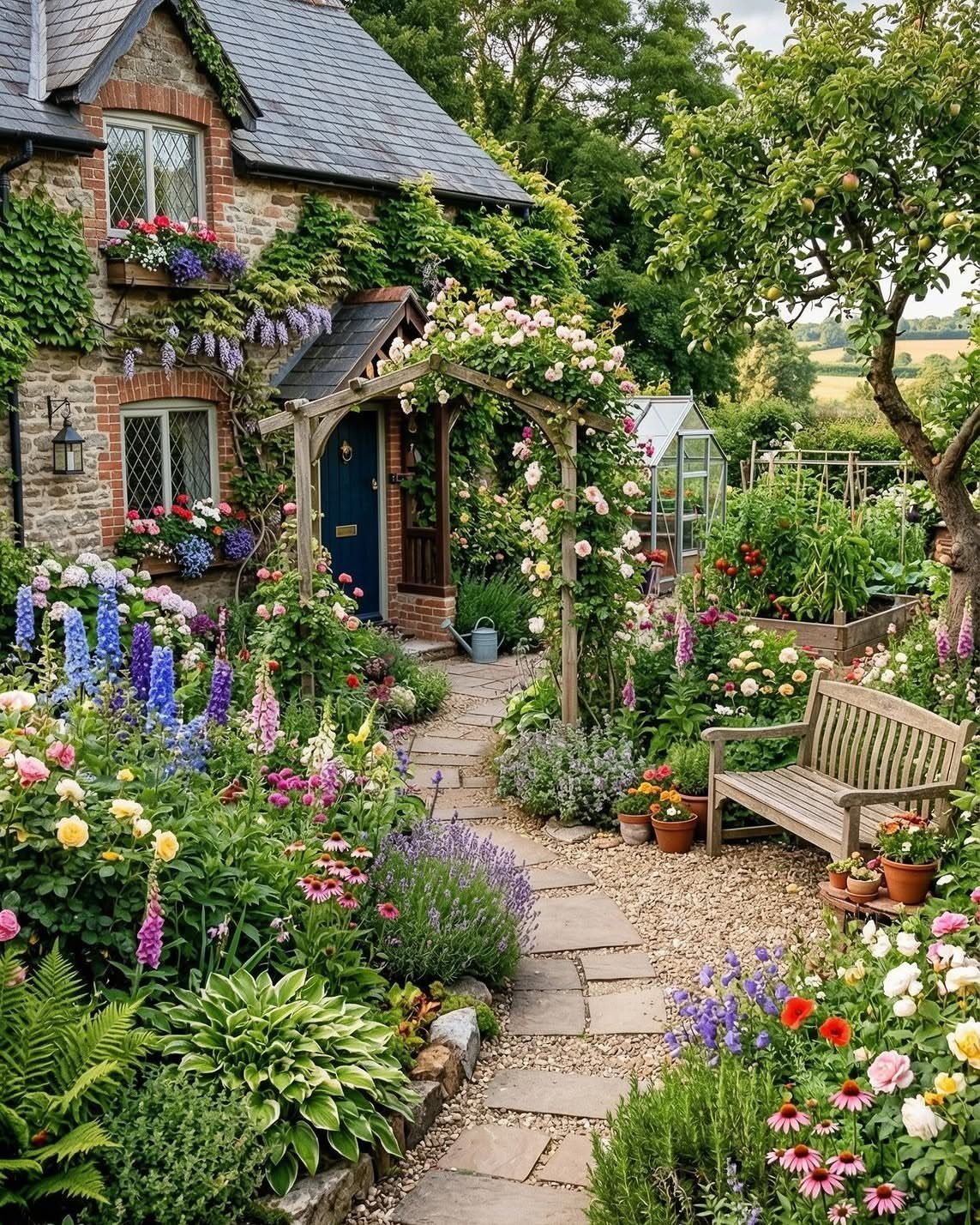 13 Cottage Garden Front Yard Ideas for Curved Paths to Climbing Roses 2 A stone pathway leads through a lush cottage garden toward a wooden arbor covered in climbing roses.