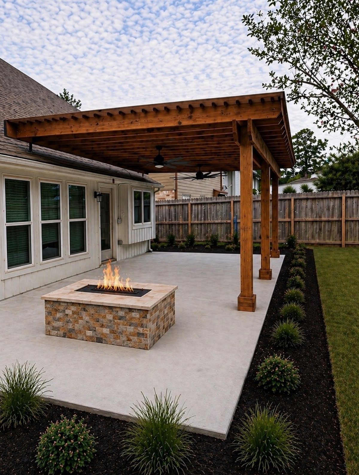 A modern concrete patio with a wooden pergola and a stone fire pit.