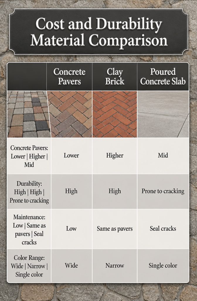 Table comparing costs and durability of patio materials.