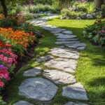 A winding stone flagstone pathway curves through a vibrant garden filled with colorful flowers and green grass.