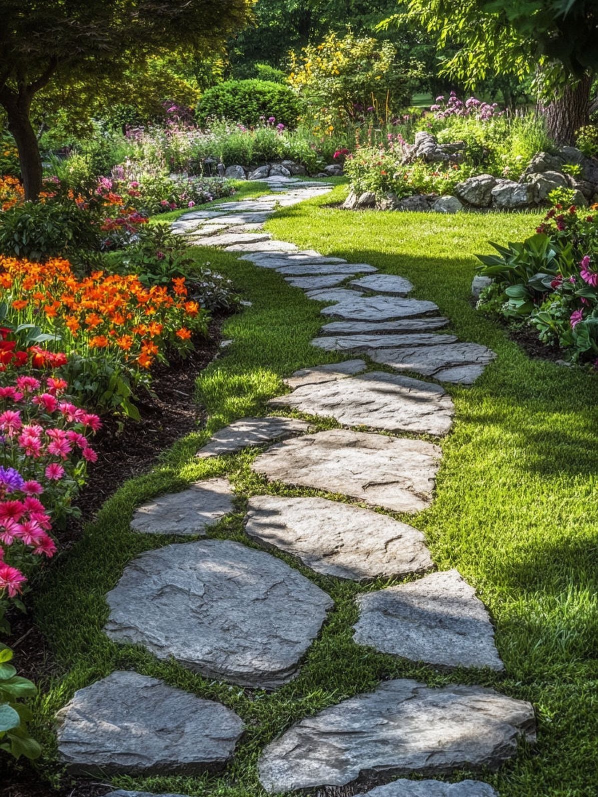 A winding stone flagstone pathway curves through a vibrant garden filled with colorful flowers and green grass.