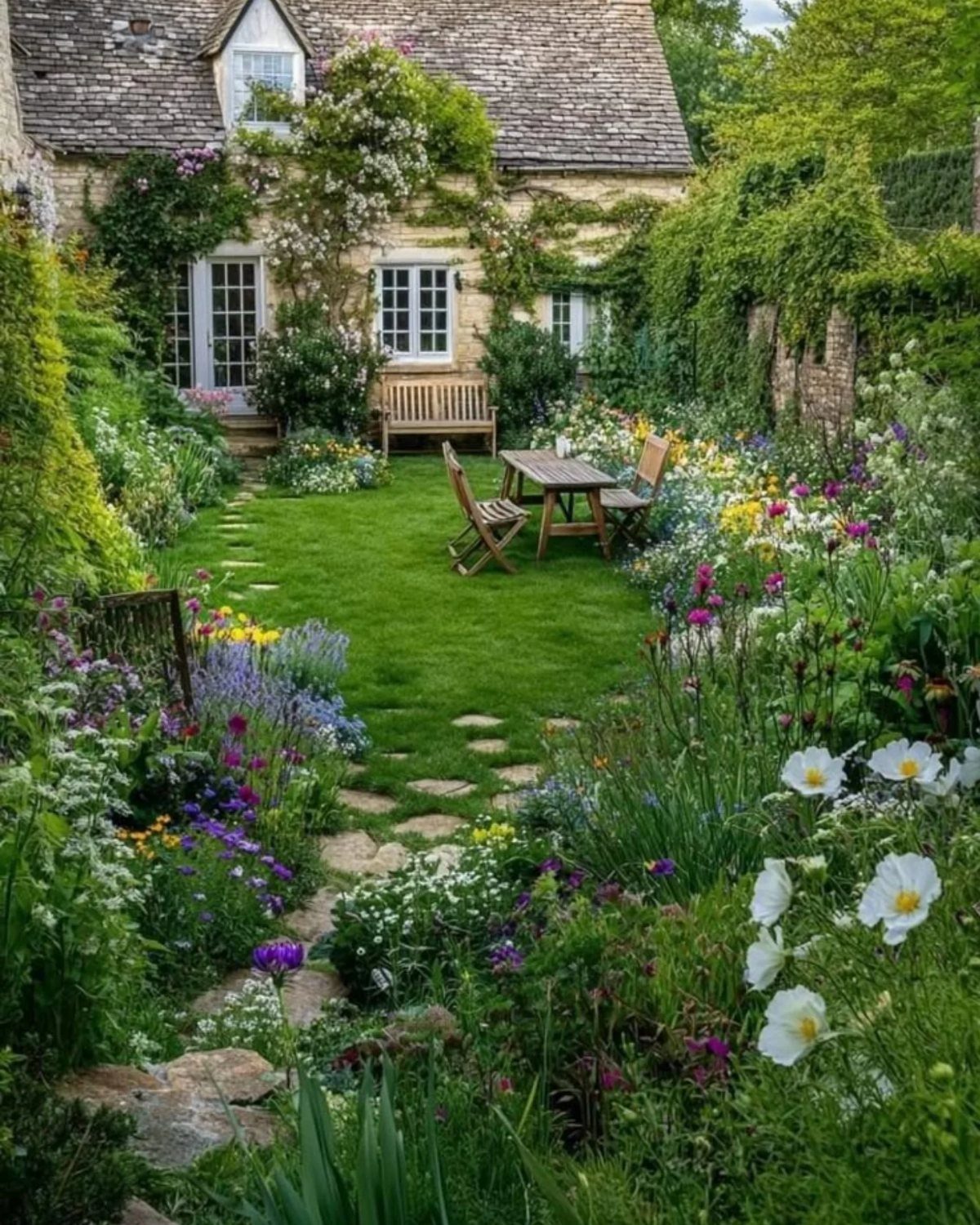 A colorful cottage garden with a stone house, green lawn, and various blooming wildflowers.