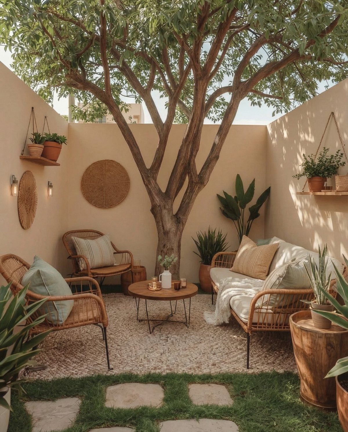 Backyard with Trees: 10 Layouts for Shade, Privacy and Outdoor Living 9 A large leafy tree centered in a cozy courtyard with wicker furniture and potted plants.