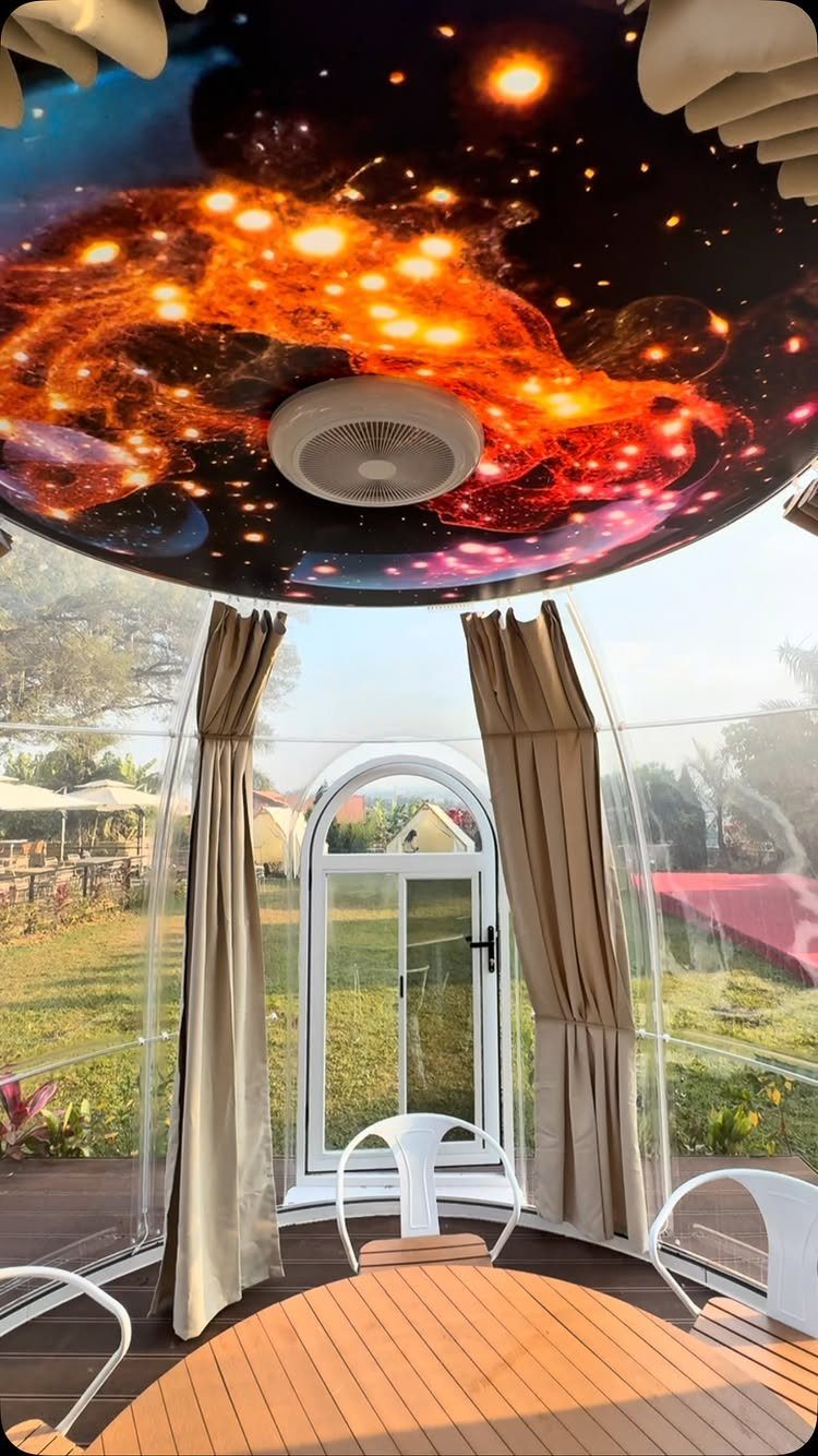 Glass Dome Garden Design: 10 Ideas for Every Outdoor Space 8 Interior of a clear glass dome garden with a nebula print ceiling and outdoor seating.