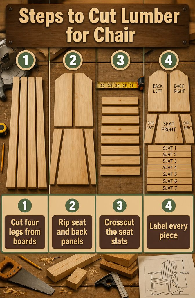 Lumber pieces cut to size for chair construction.