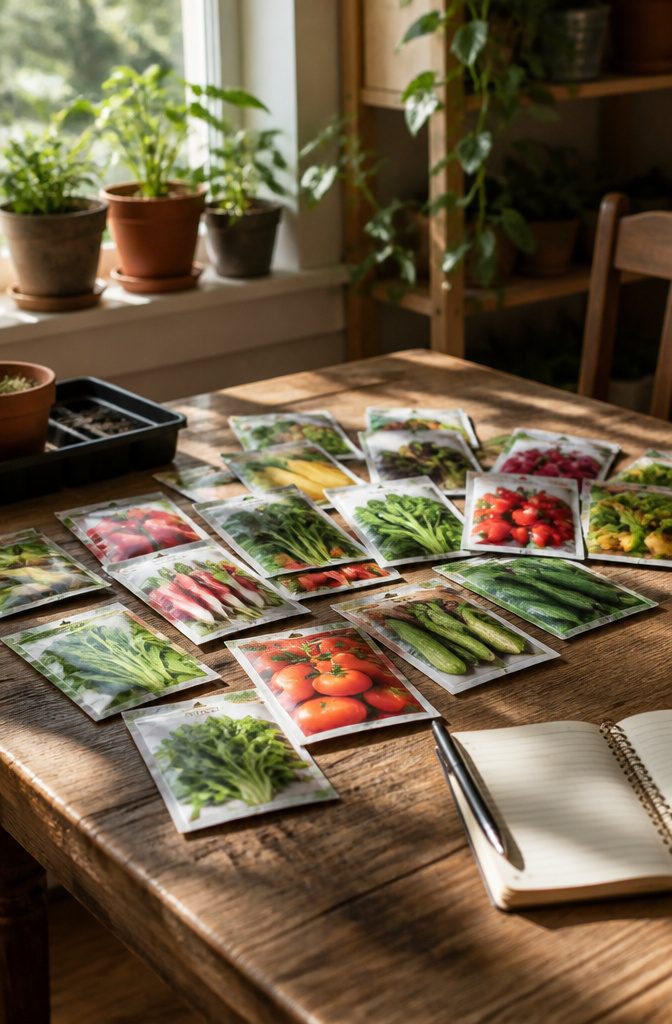 How to Start a Garden: 9 Steps to Grow Your First Plants 4 A spread of colorful seed packets on a rustic table.