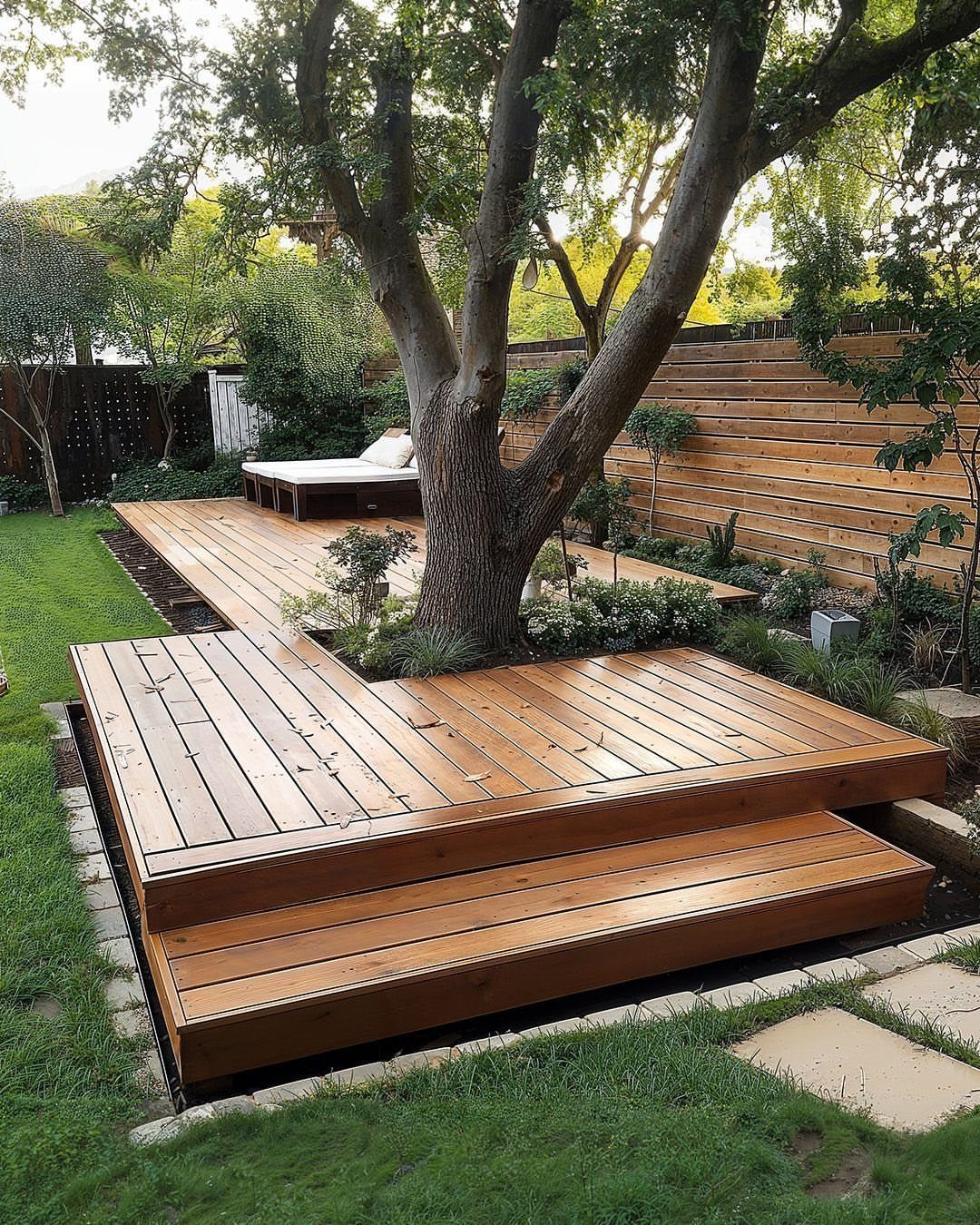Backyard with Trees: 10 Layouts for Shade, Privacy and Outdoor Living 6 A multi-level wooden deck built around a large tree in a lush green backyard.