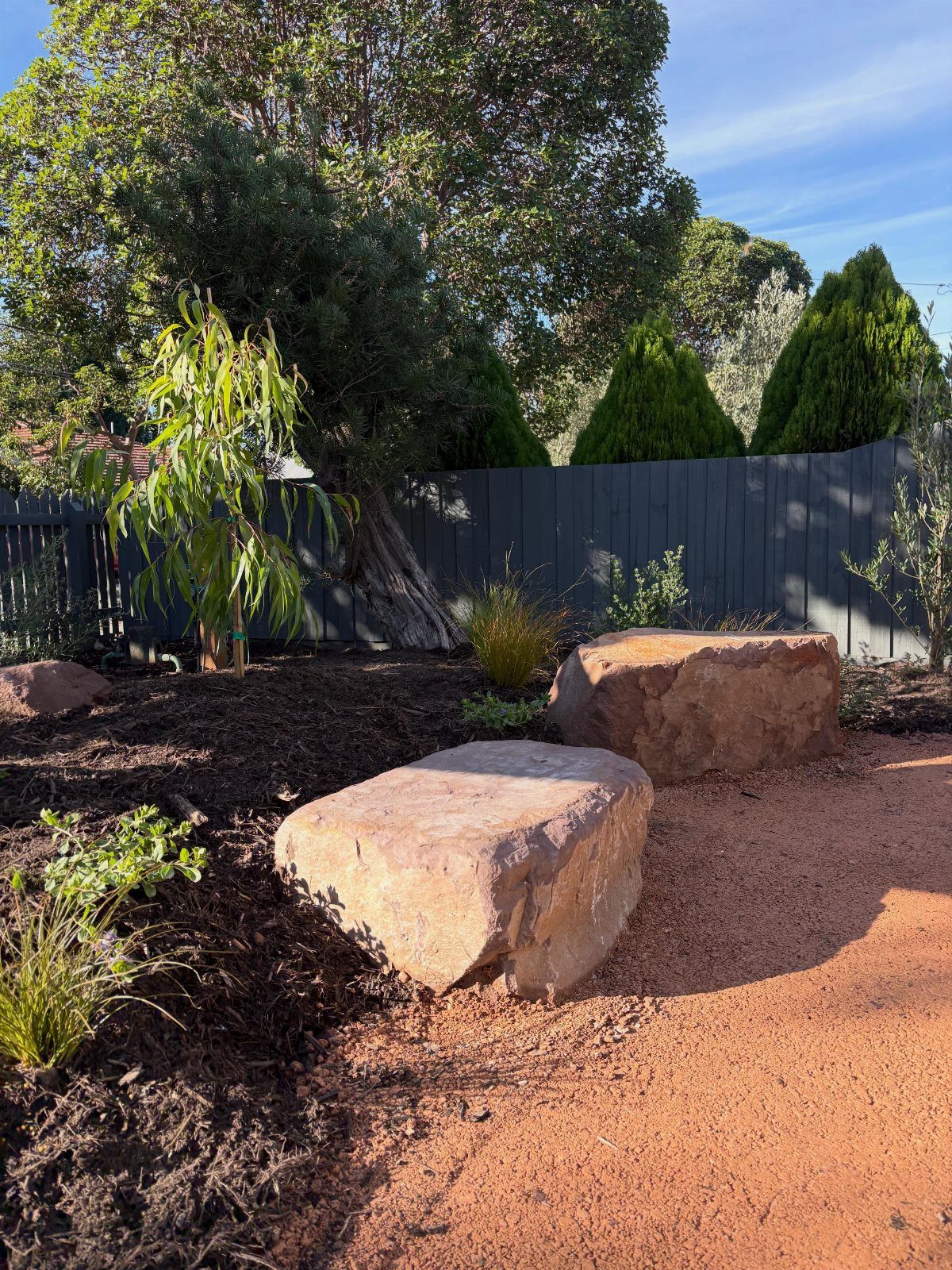 Large natural rocks placed in a garden bed with dark mulch and small green plants.