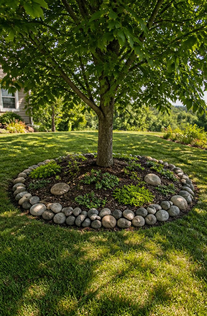 How to Build a Garden Bed Around a Tree 9 A ring of decorative stones encircles a tree in a garden bed.
