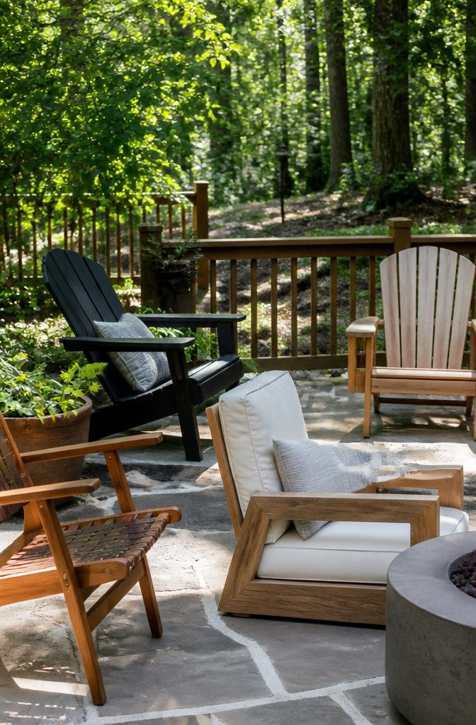 Different styles of outdoor chairs displayed on a patio.