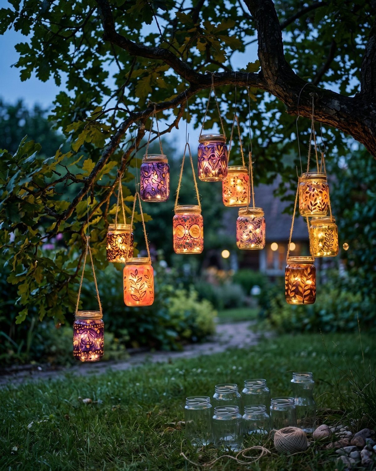 Illuminated patterned glass jars hanging from tree branches in a garden at twilight.