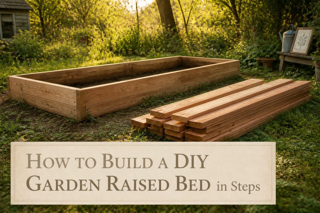 A well-structured DIY garden raised bed with plants growing in it.