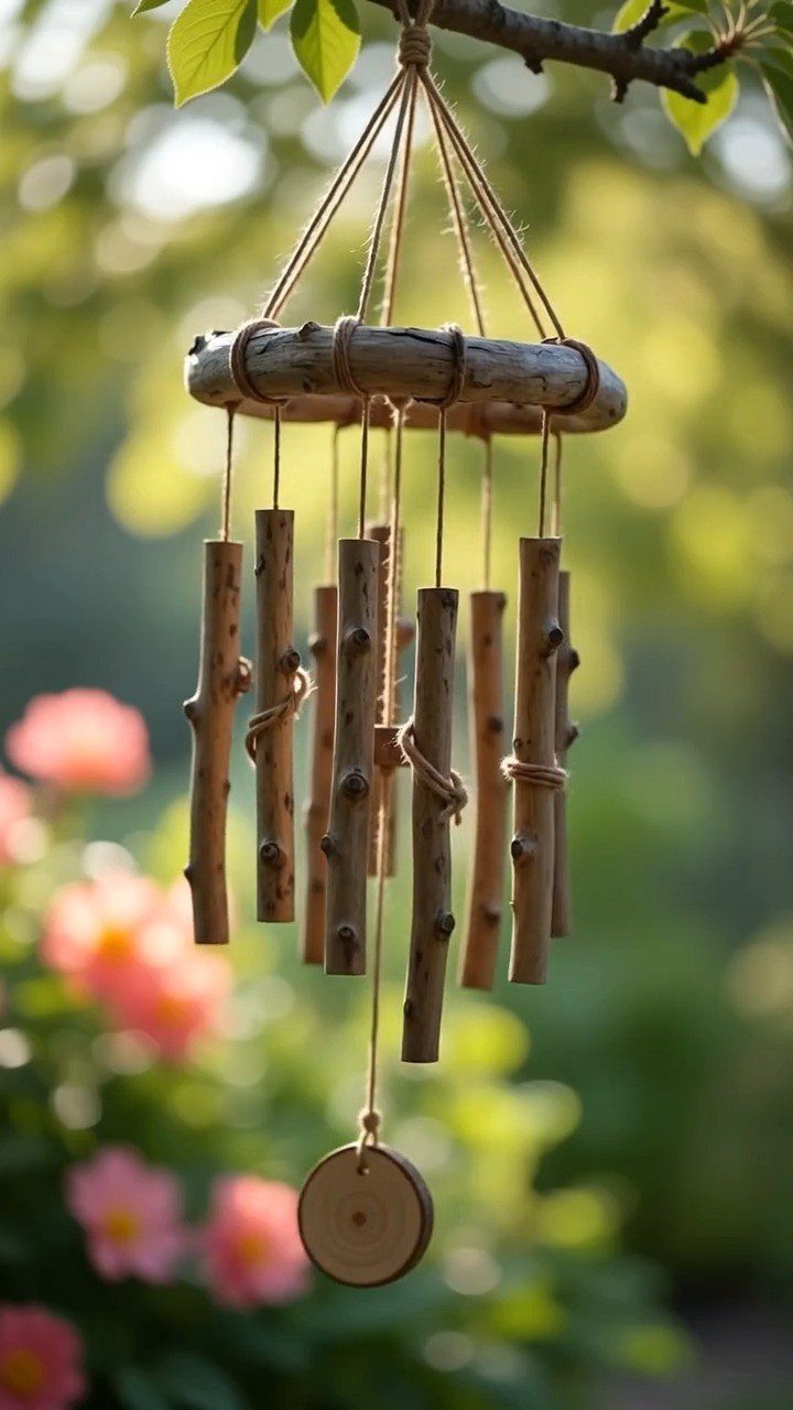 A rustic wooden wind chime made of sticks and twine hanging from a tree branch.