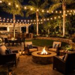 String lights hang over a luxury patio with a stone fire pit and lounge seating.
