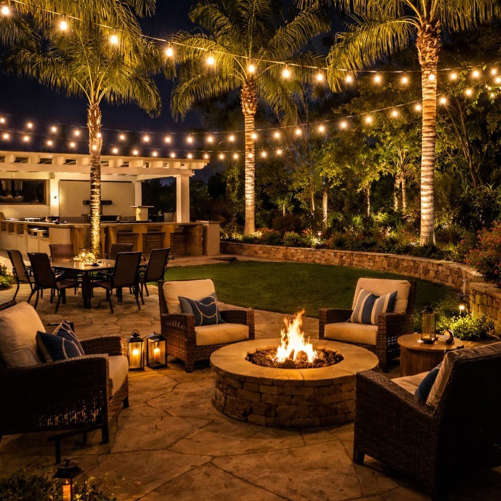 String lights hang over a luxury patio with a stone fire pit and lounge seating.
