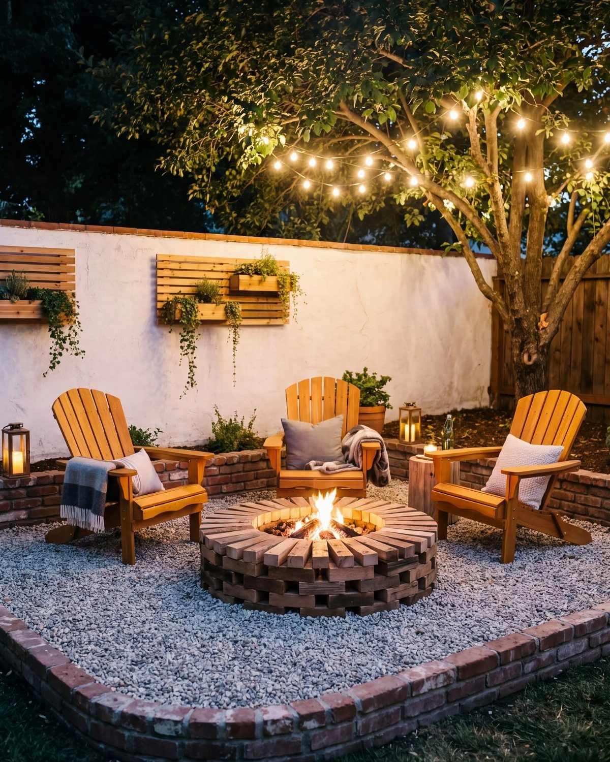 12 Side House Landscaping Ideas for Narrow Spaces 7 Wooden Adirondack chairs arranged around a burning brick fire pit in a gravel courtyard.