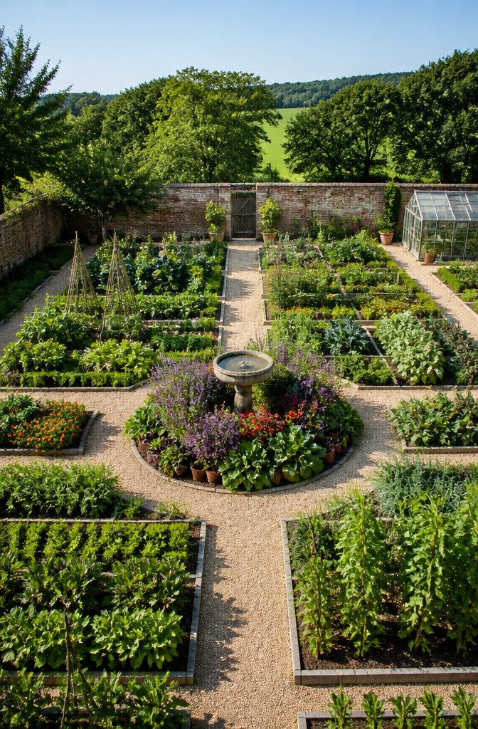 A sundial surrounded by garden beds and pathways in a potager.