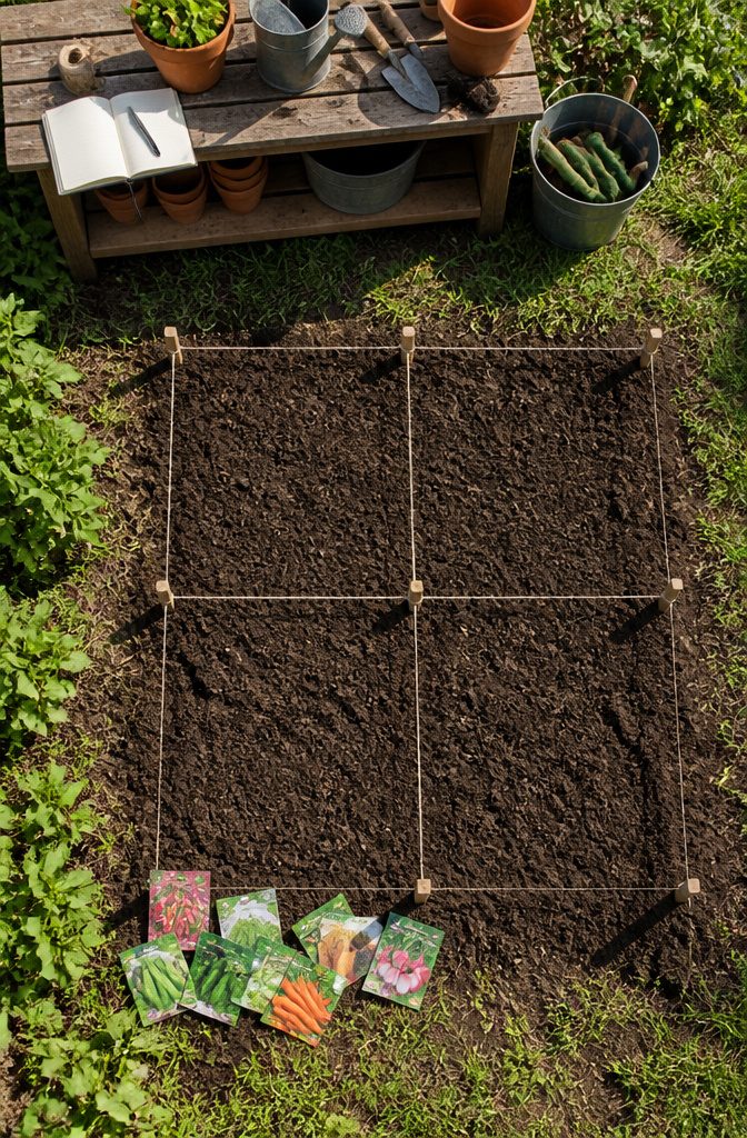 Beginner Garden Layout: A Practical Guide for New Gardeners 11 A garden divided into four equal beds for crop rotation.