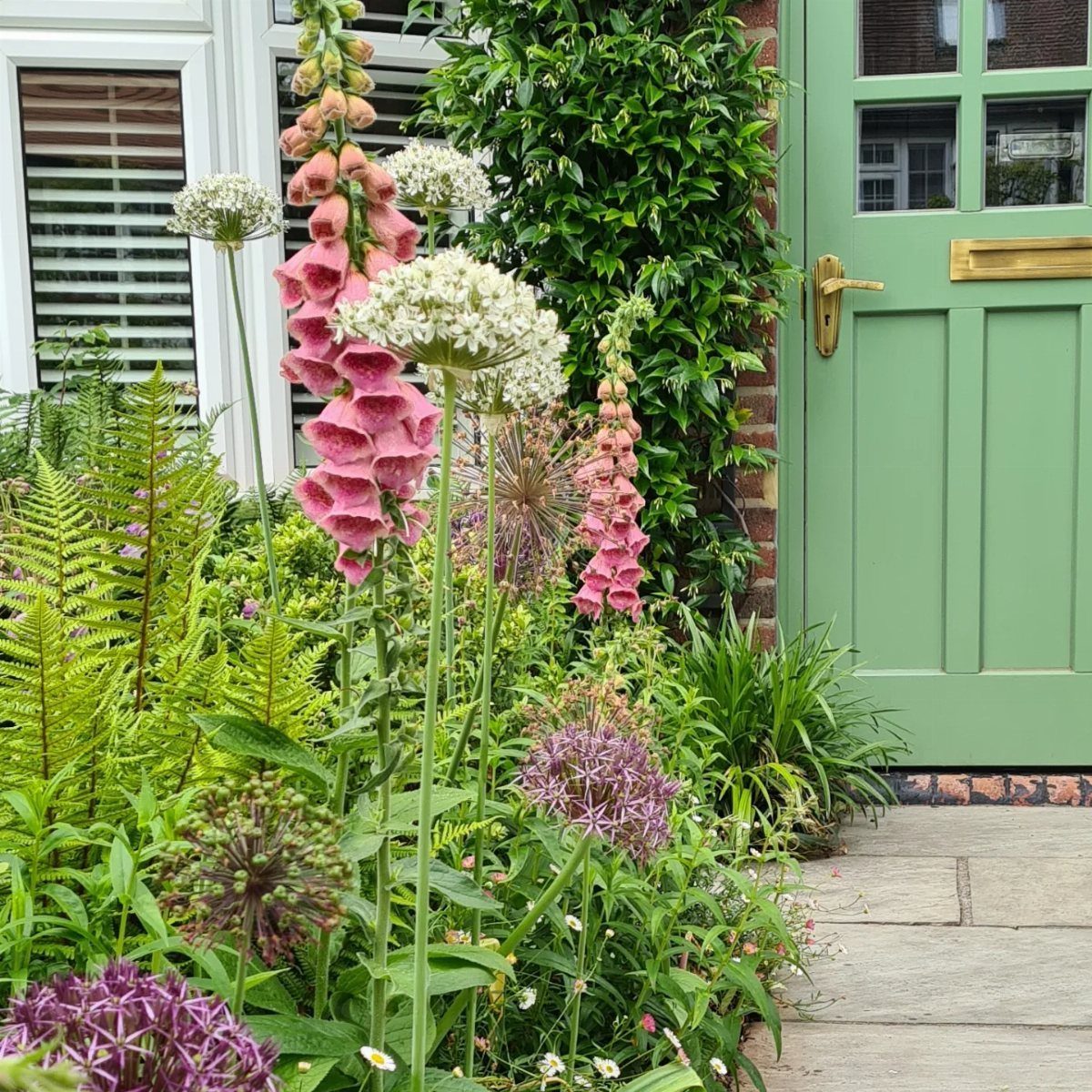 13 Cottage Garden Front Yard Ideas for Curved Paths to Climbing Roses 9 Pink foxgloves and white alliums blooming in a lush garden bed by a green door.