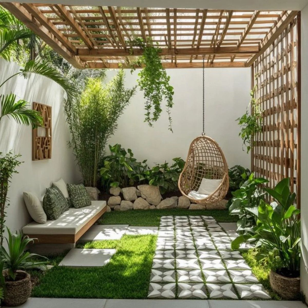 A cozy courtyard garden with a wooden pergola, cushioned bench, and hanging egg chair.