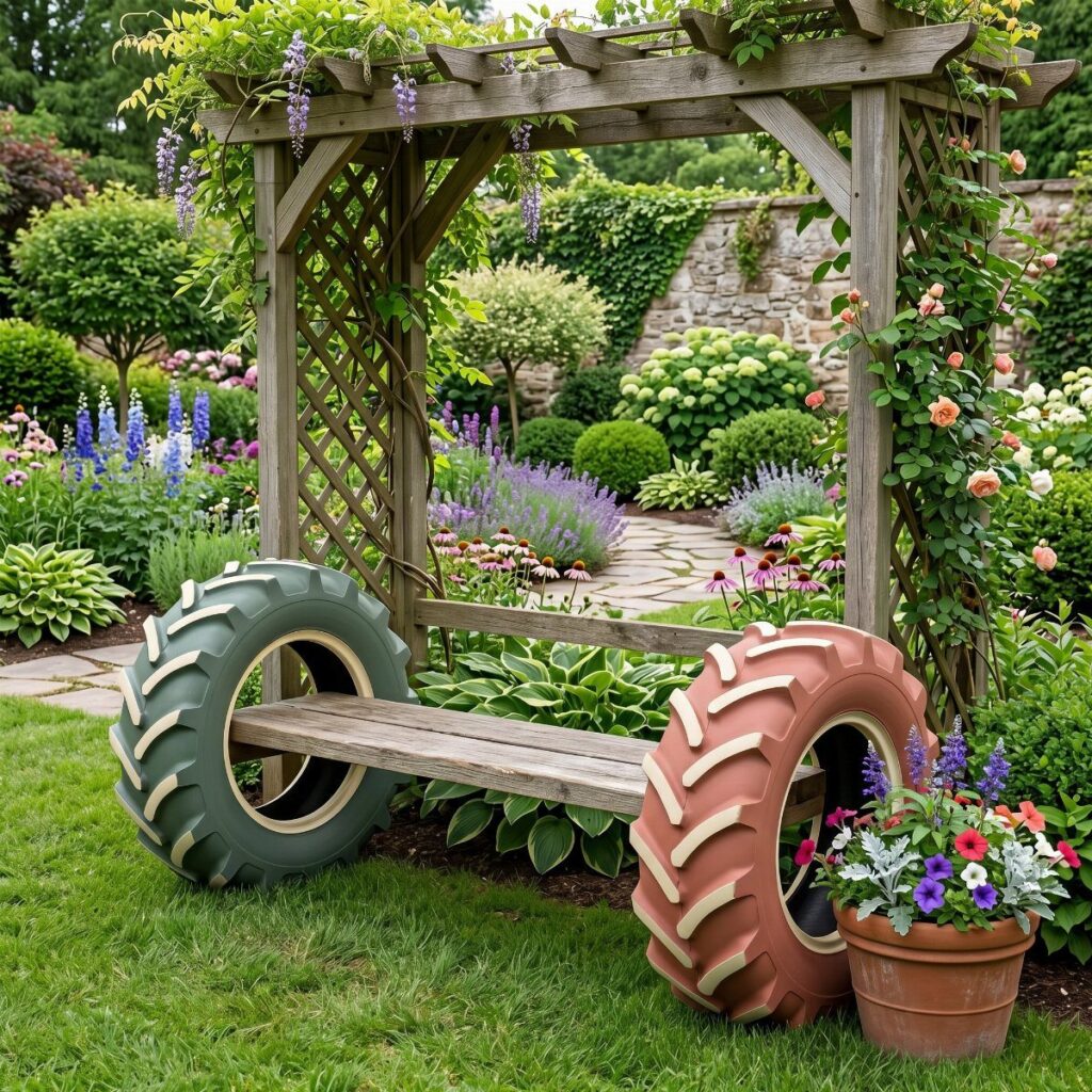 A wooden pergola with climbing vines and a bench made from painted tractor tires on a green lawn.