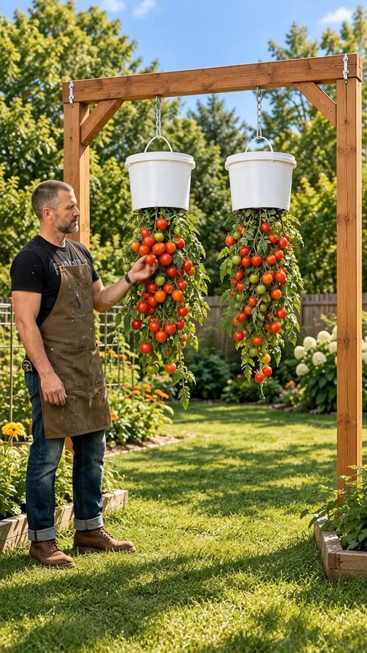 Vertical Vegetable Garden: 10 Ideas for Small Spaces 3 A man tending to two hanging buckets overflowing with ripe red tomatoes in a sunny garden.