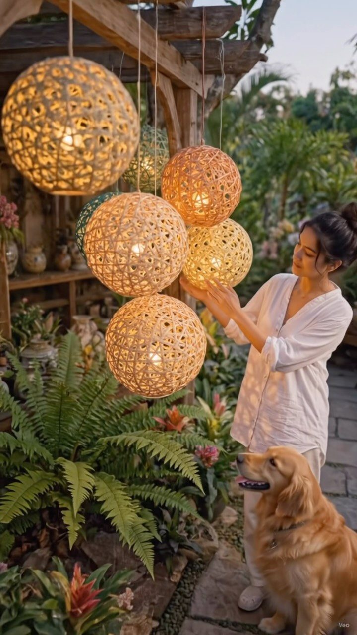 A woman reaches toward glowing spherical woven lanterns hanging in a lush garden setting.