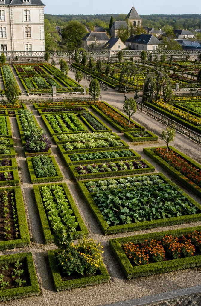Aerial view of the Château de Villandry's potager garden with geometric beds.
