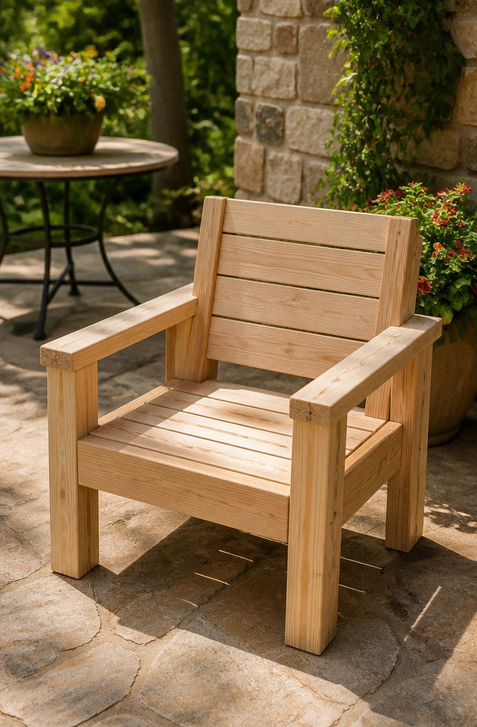 A modern outdoor chair featuring clean lines and cushions.