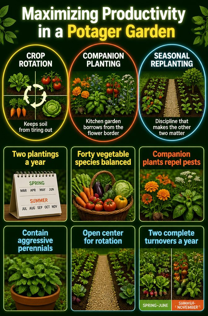 An information image illustrating methods for maximizing potager garden productivity.
