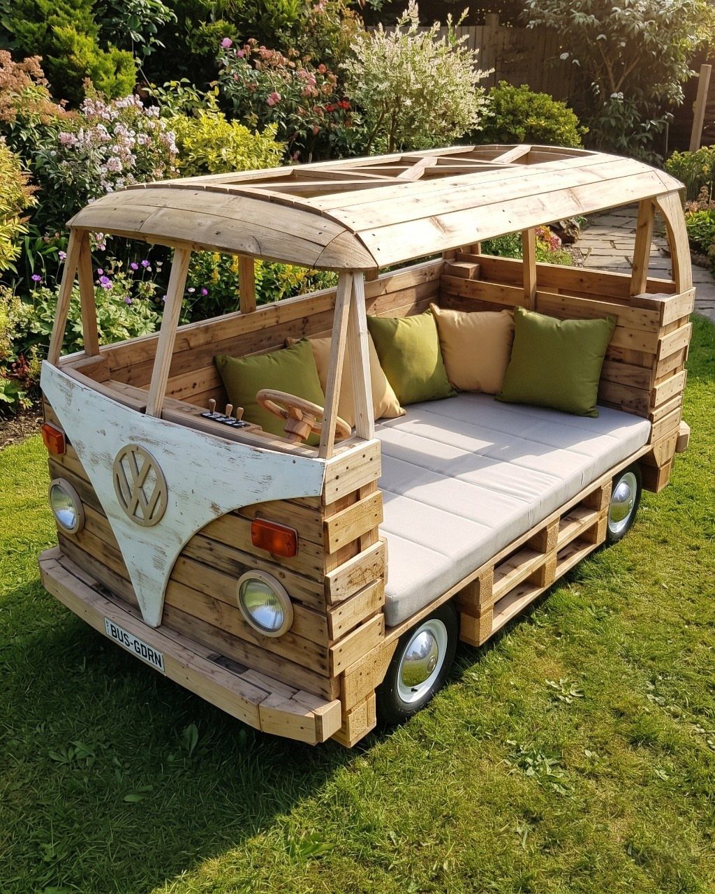 16 DIY Backyard Kids Ideas for Outdoor Summer Fun 11 A wooden child-sized seating area built in the shape of a vintage Volkswagen bus.