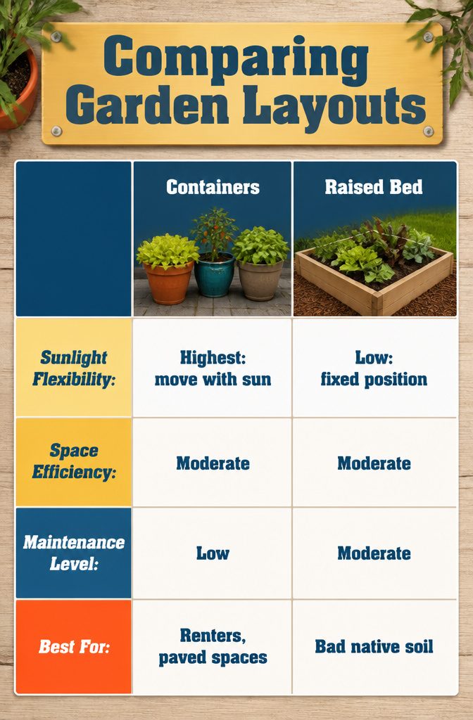 Beginner Garden Layout: A Practical Guide for New Gardeners 15 A chart comparing different garden layouts and their benefits.
