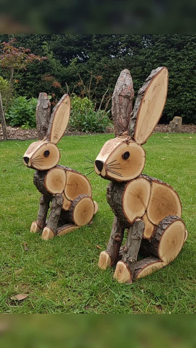 Two wooden rabbit sculptures made from tree logs sitting on a green grass lawn.