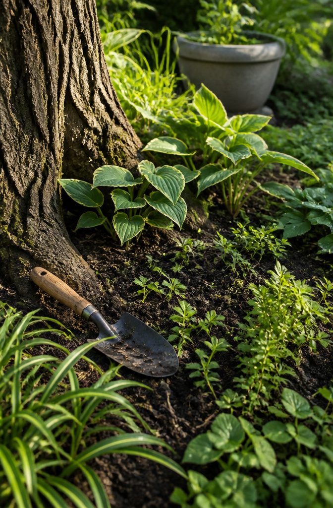 How to Build a Garden Bed Around a Tree 6 A hand trowel rests beside compost in a garden bed around a tree.