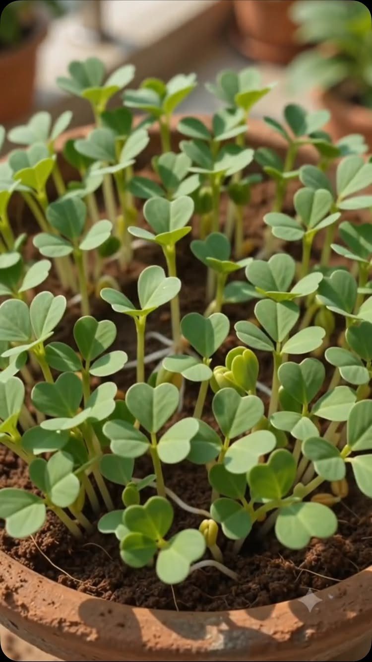 8 Easy Vegetables to Grow in Pots for Small Spaces 5 Small green microgreens with heart-shaped leaves growing densely in a terracotta pot.