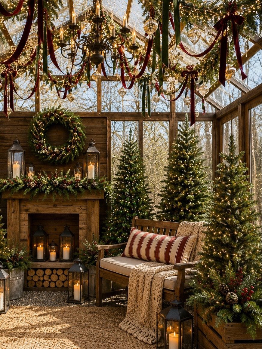 A decorated greenhouse interior with a wooden fireplace, Christmas trees, and a cozy bench with cushions.