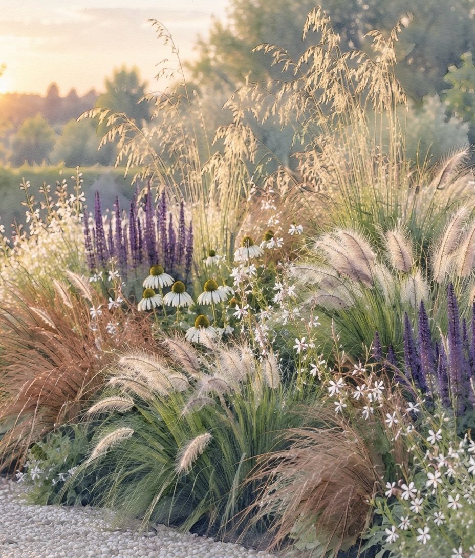 Ornamental grasses, purple salvia, and white coneflowers growing together in a textured garden bed.