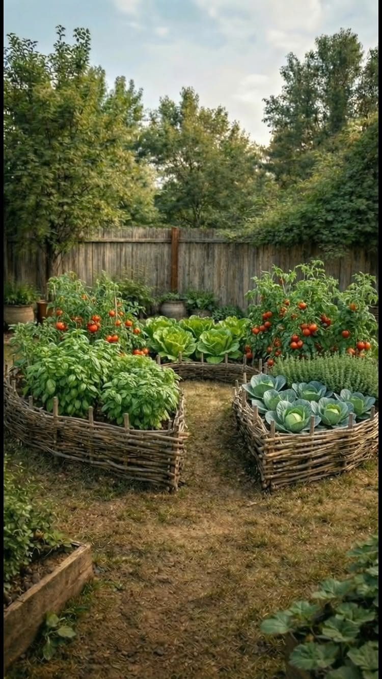 Raised Garden Layout and Design: 11 Inspiring Ideas 5 Woven twig raised garden beds filled with green vegetables in a backyard garden setting.