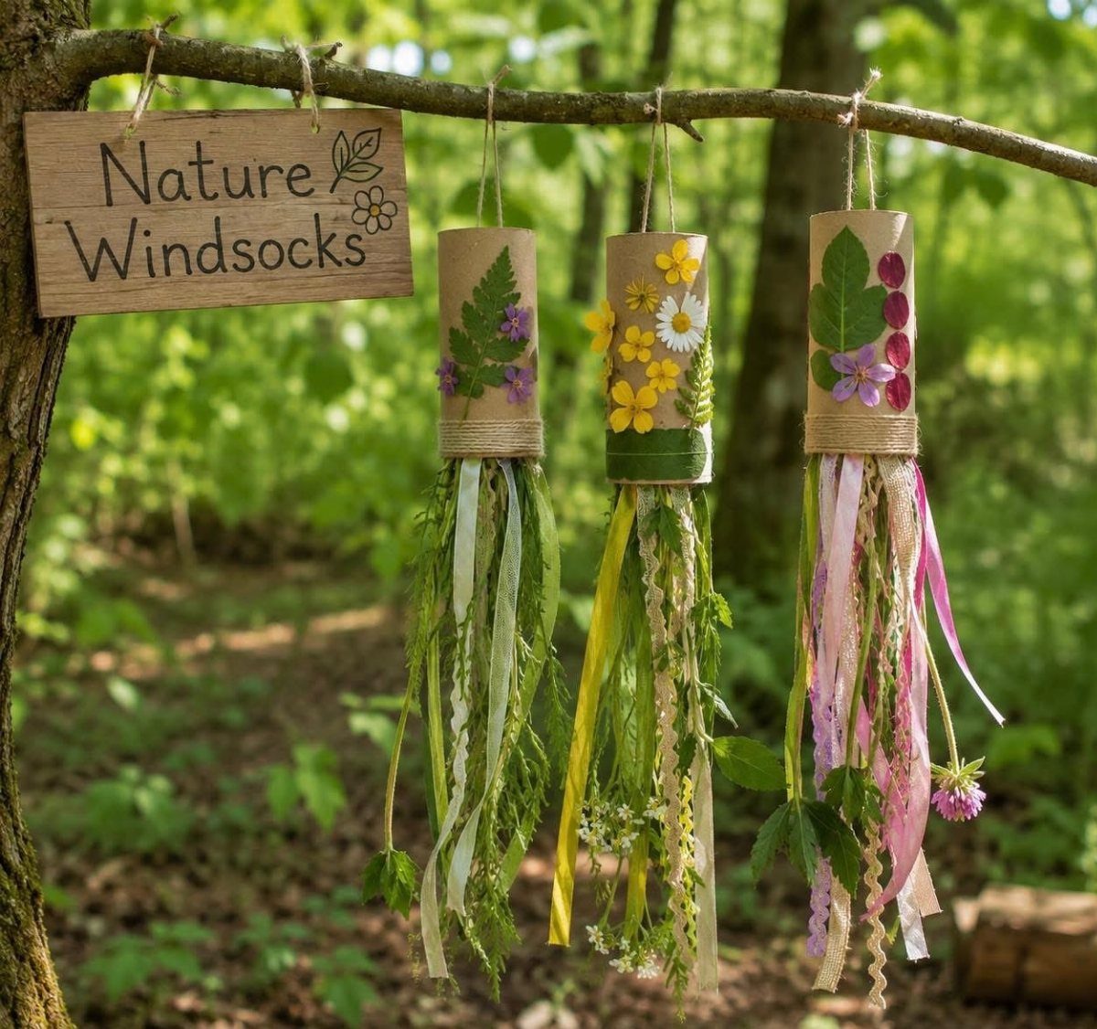 Three nature-themed windsocks decorated with leaves and flowers hanging from a tree branch.