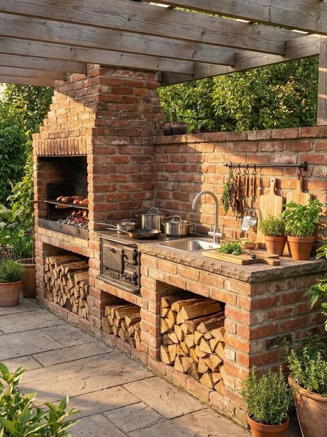 Brick outdoor kitchen with built-in oven, sink, and firewood storage under a wooden pergola.