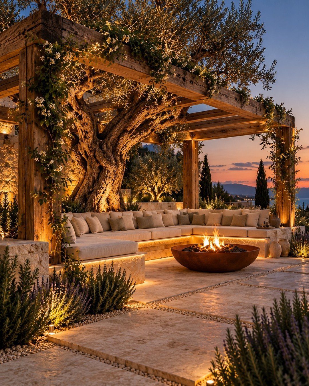 Backyard with Trees: 10 Layouts for Shade, Privacy and Outdoor Living 8 A large olive tree growing through a wooden pergola over a luxury stone patio with a fire pit.