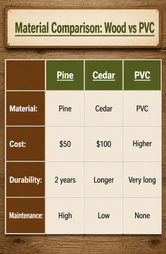 Materials including pine, cedar, and PVC for outdoor chairs.