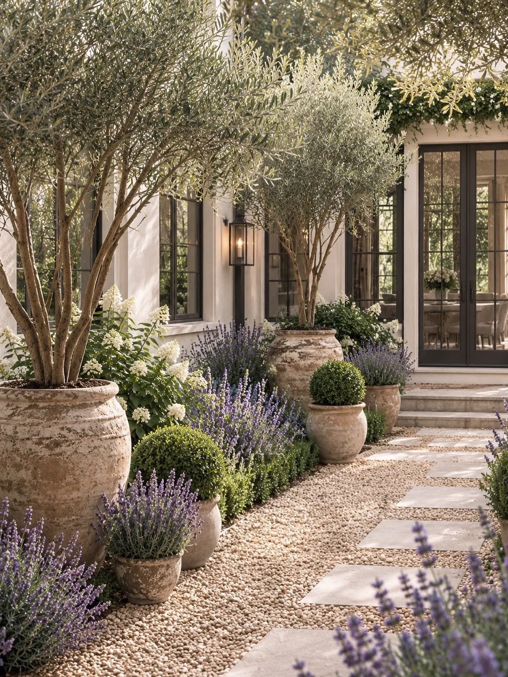 Olive trees in large terracotta pots and lavender lining a gravel garden path.